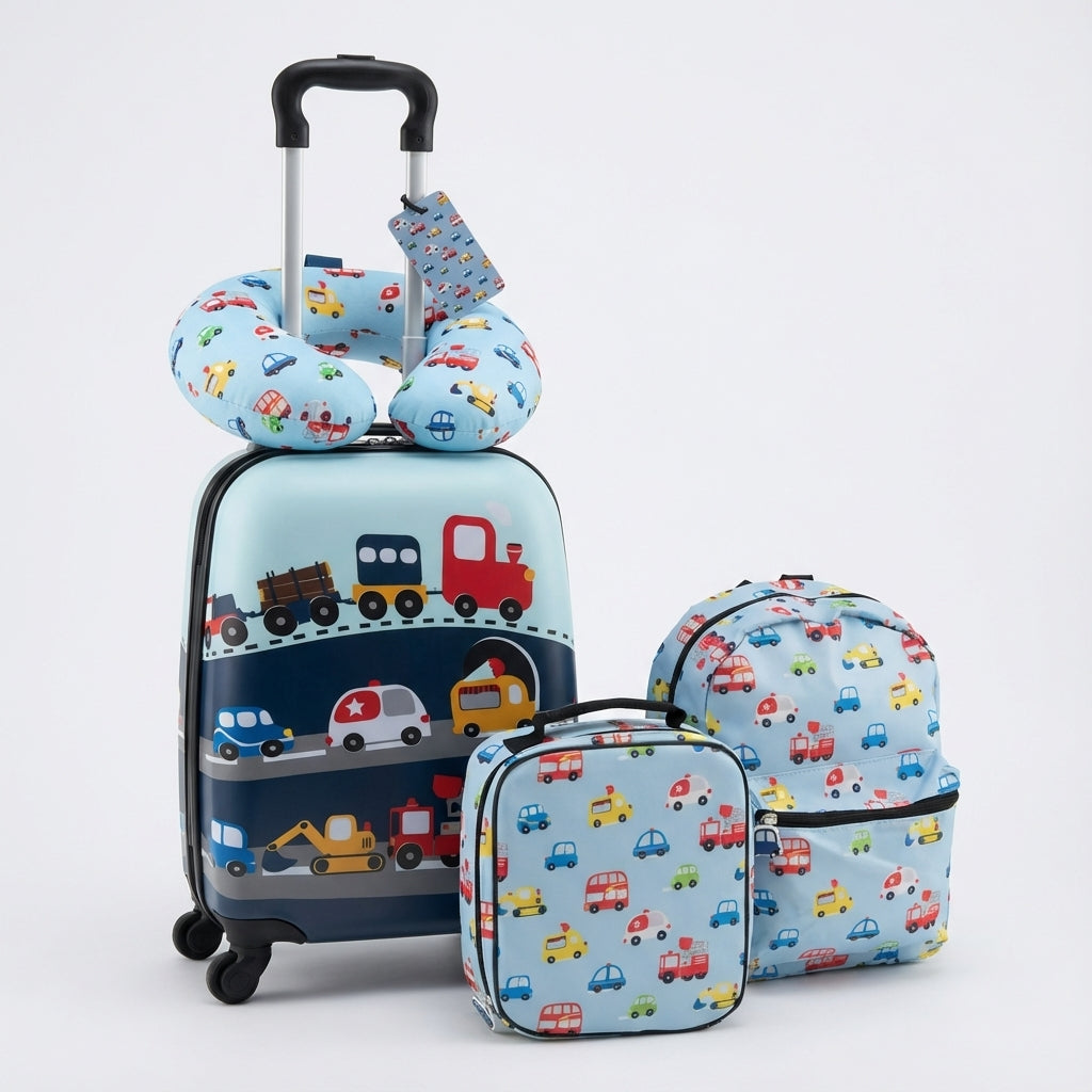 Traveltot 5-delige kinderreisset: complete kinderbagage set met koffer, rugzak en accessoires voor jonge avonturiers.