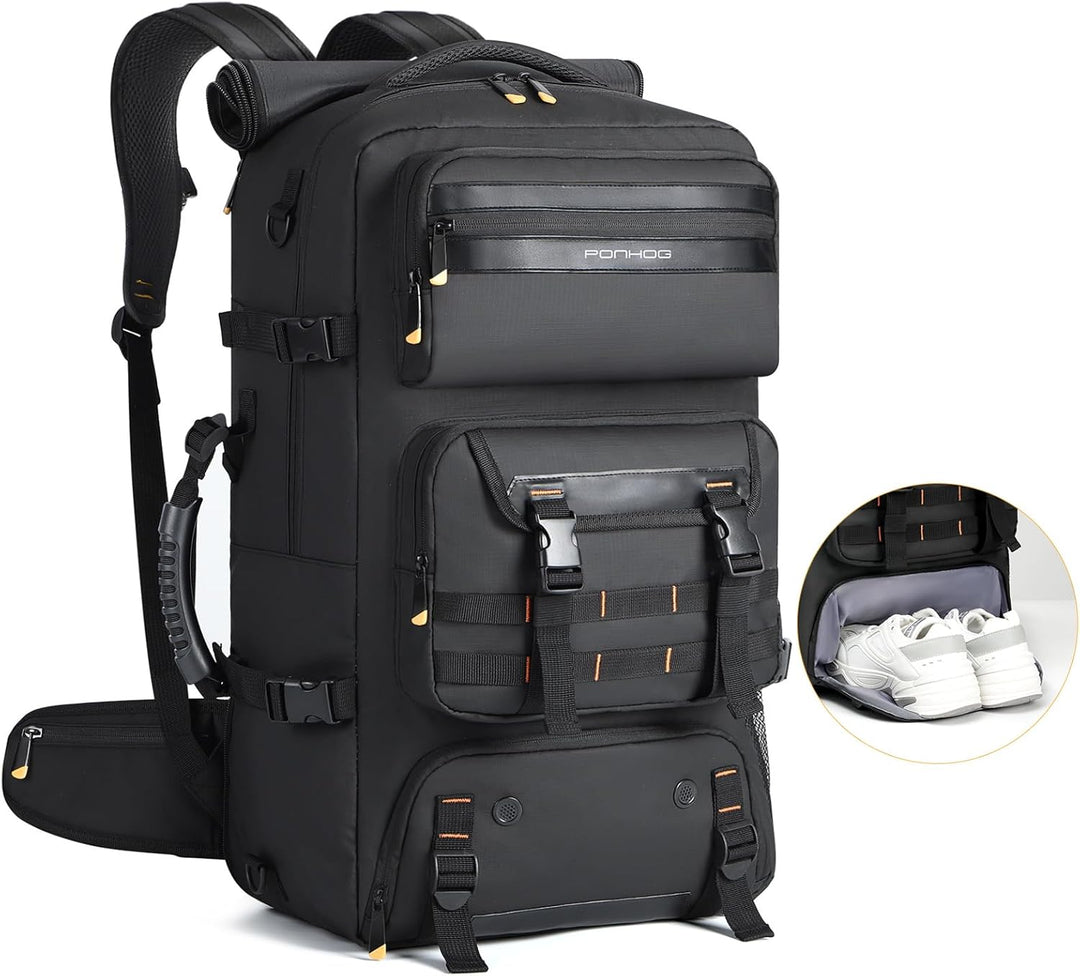 50L reisrugzak met USB-poort en schoenenvak, perfect als handbagage. Vliegtuigklare ombouwbare tas.