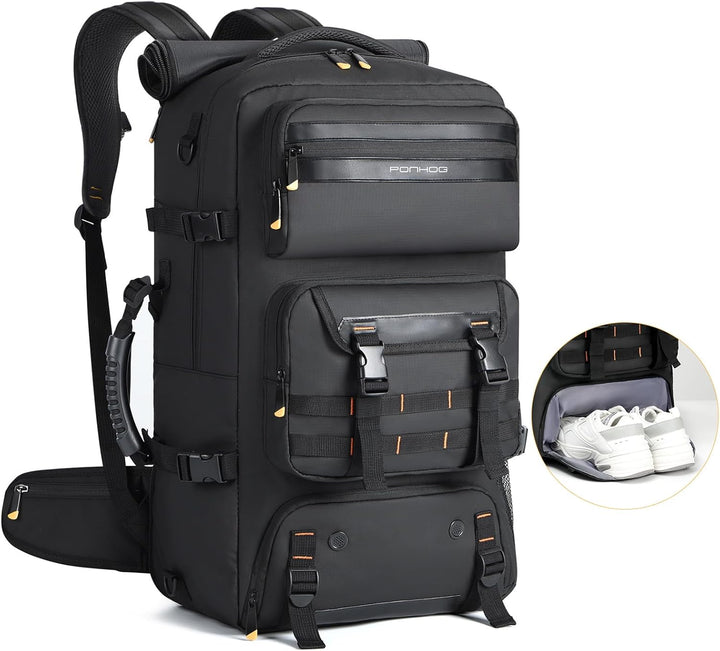 50L reisrugzak met USB-poort en schoenenvak, perfect als handbagage. Vliegtuigklare ombouwbare tas.