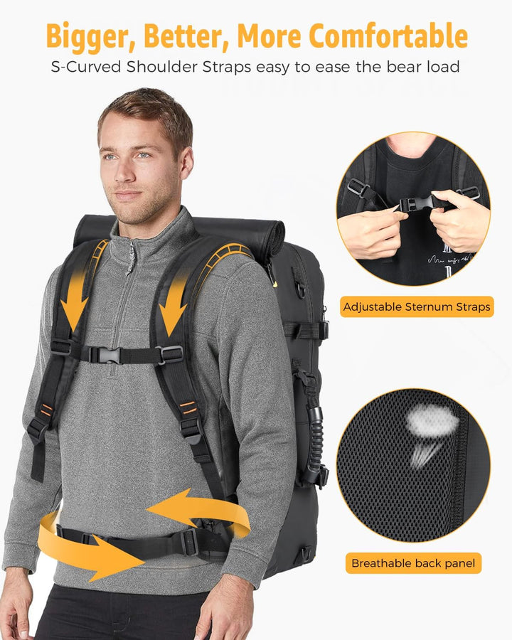 Unisex 50L convertible reisrugzak, comfortabele schouderbanden. Perfect als duffel of vliegtuigklare tas.