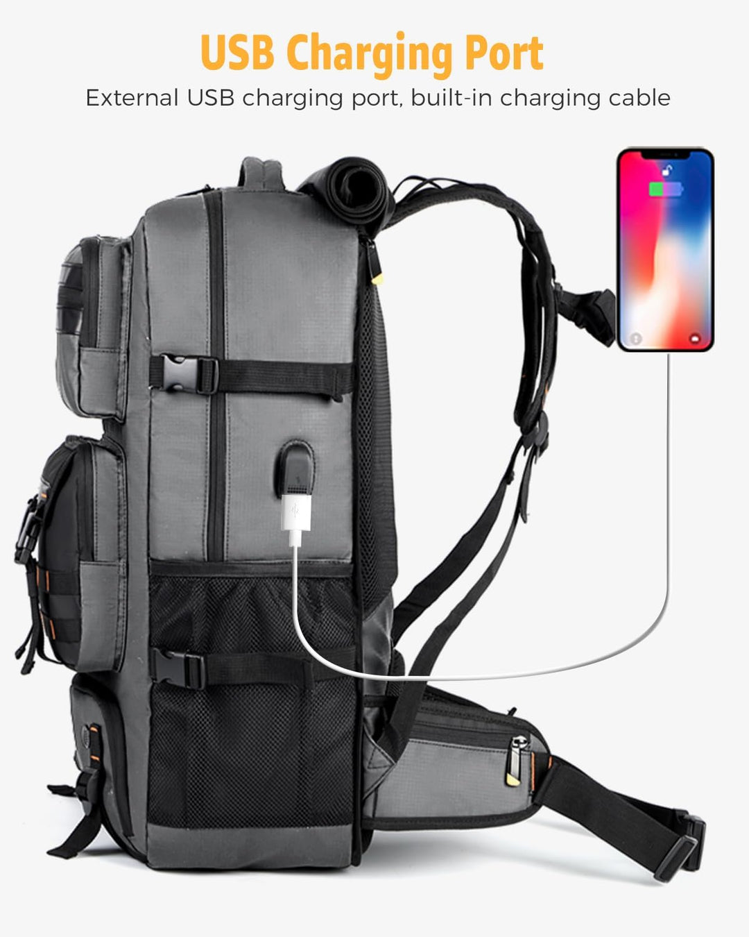 Reiziger draagt 50L vliegtuigklare reisrugzak als handbagage. Convertible design met USB en schoenenvak.