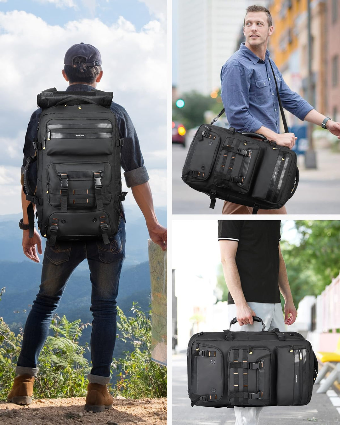 De 50L reisrugzak omgebouwd tot duffel tas. Ideaal voor korte trips, met USB-poort en schoenenvak.