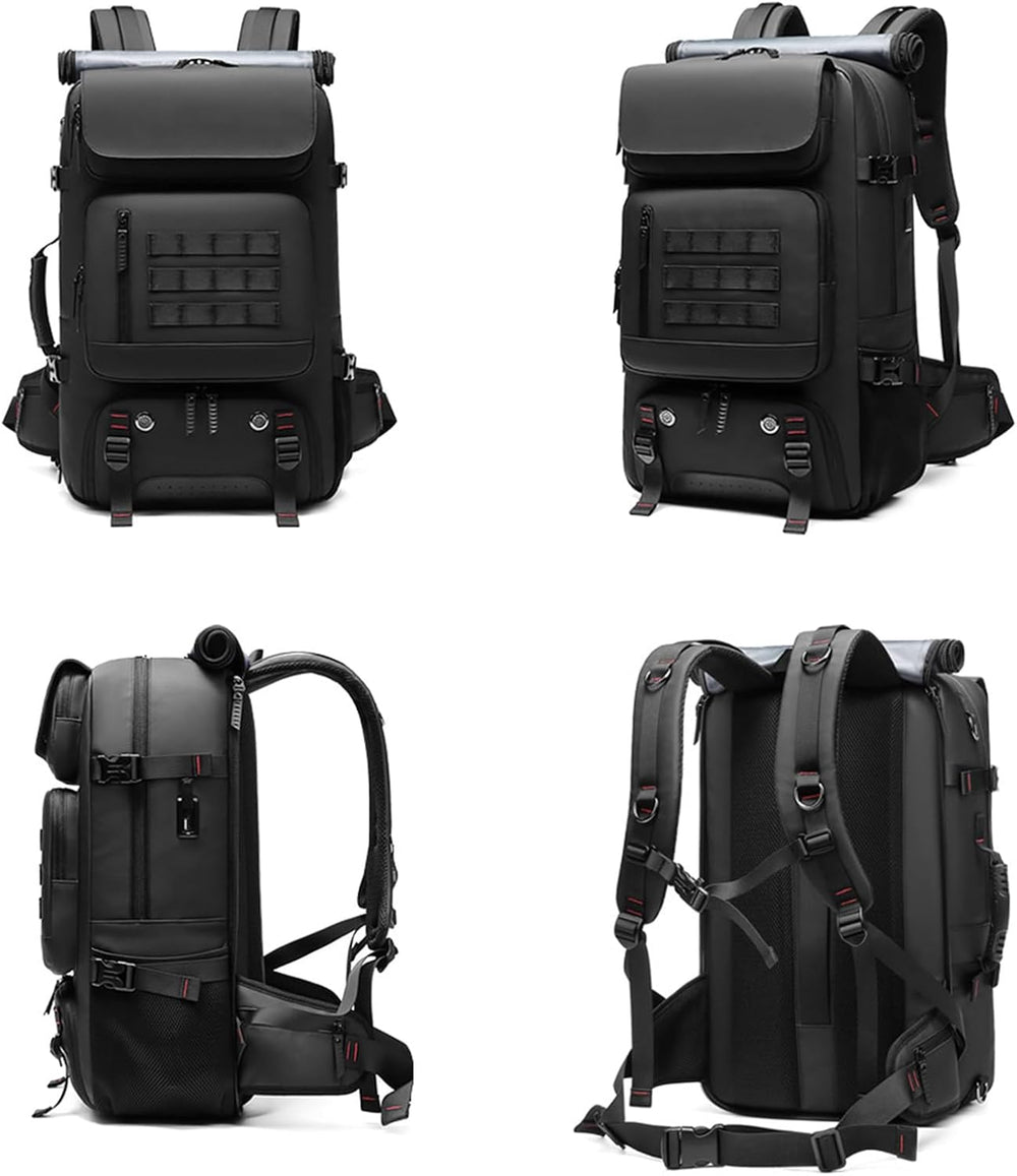 Zwarte 50L waterdichte backpack met apart schoenvak en externe USB-poort, perfect voor reizigers.