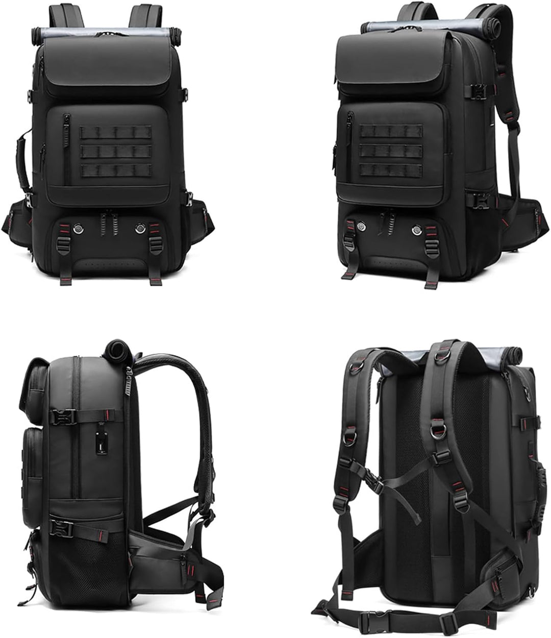 Zwarte 50L waterdichte backpack met apart schoenvak en externe USB-poort, perfect voor reizigers.
