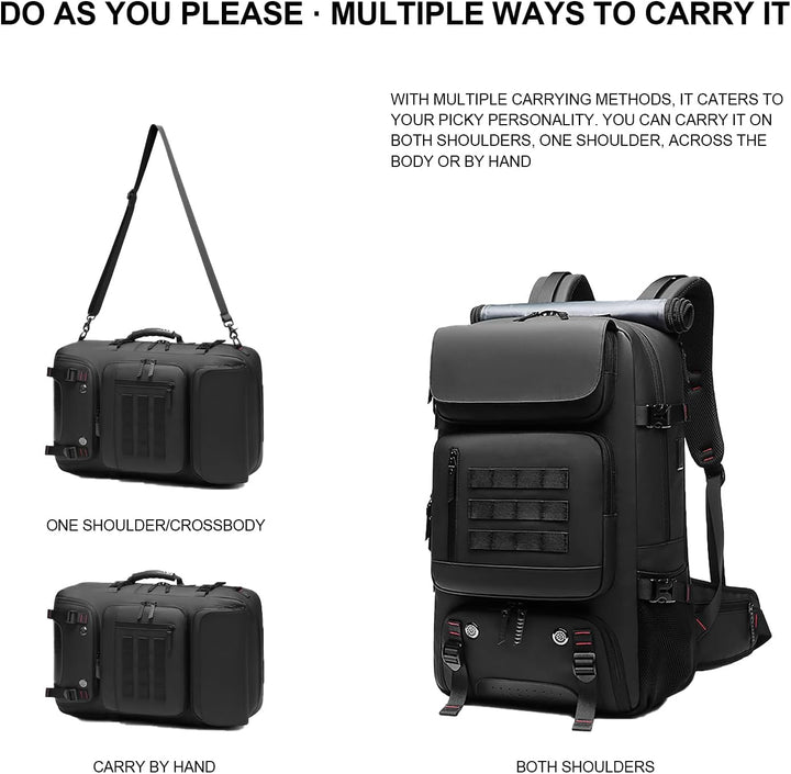 Unisex 50L waterdichte reisrugzak gedragen, toont comfort en ruime opslag voor al je spullen.