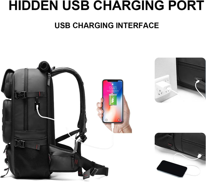 Grote 50L waterdichte reistas/backpack voor bagage, met handig schoenvak en USB-poort voor reizigers.