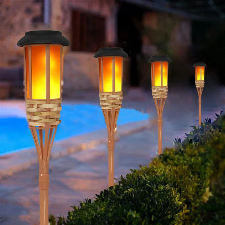 5-delige set solartochten met vlameffect, warmwitte LED-verlichting voor tuin en terras, weerbestendig.