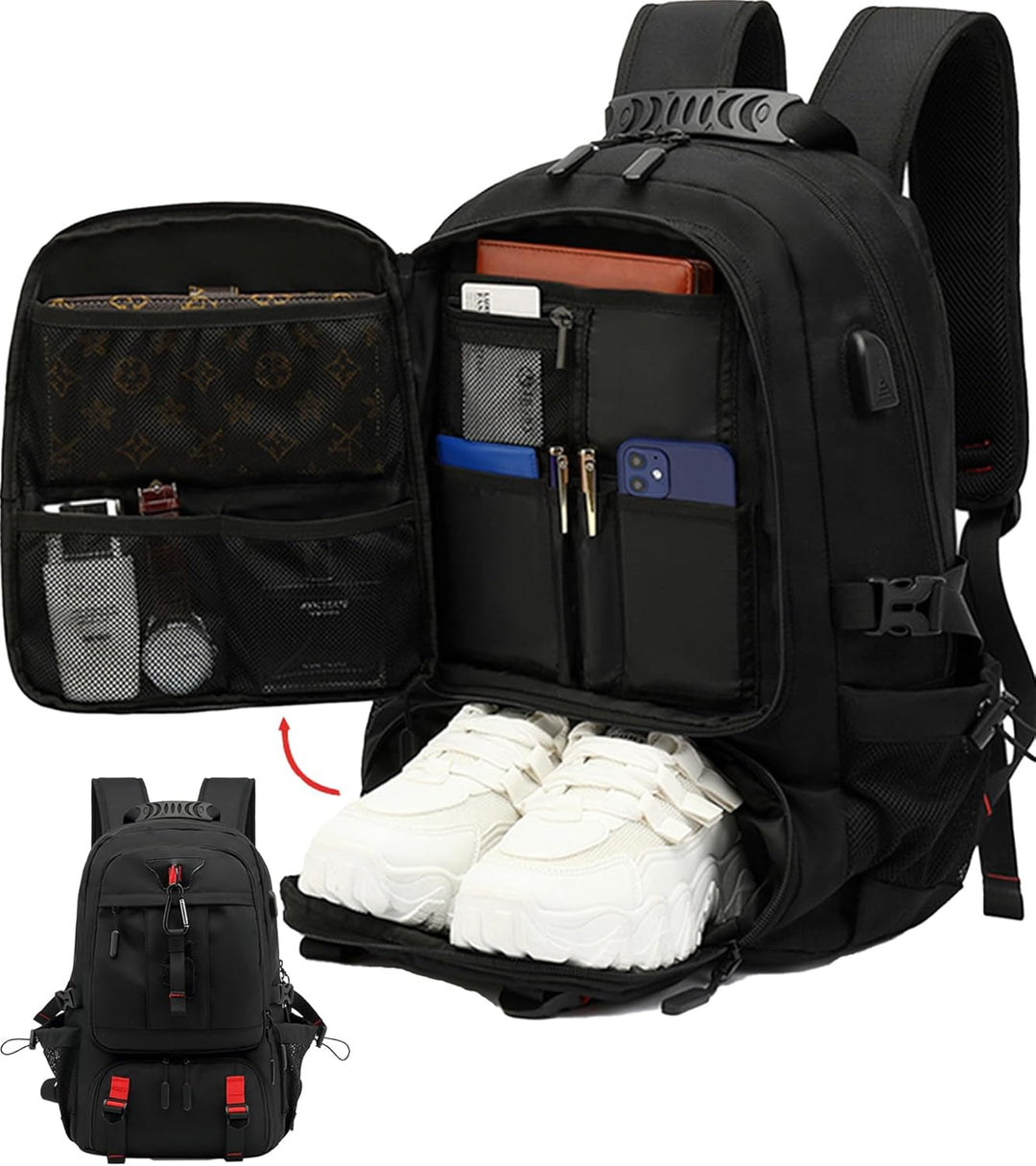 60L waterdichte reislaptoprugzak met USB-poort en schoenvak, ideaal voor reizen en dagelijks gebruik.