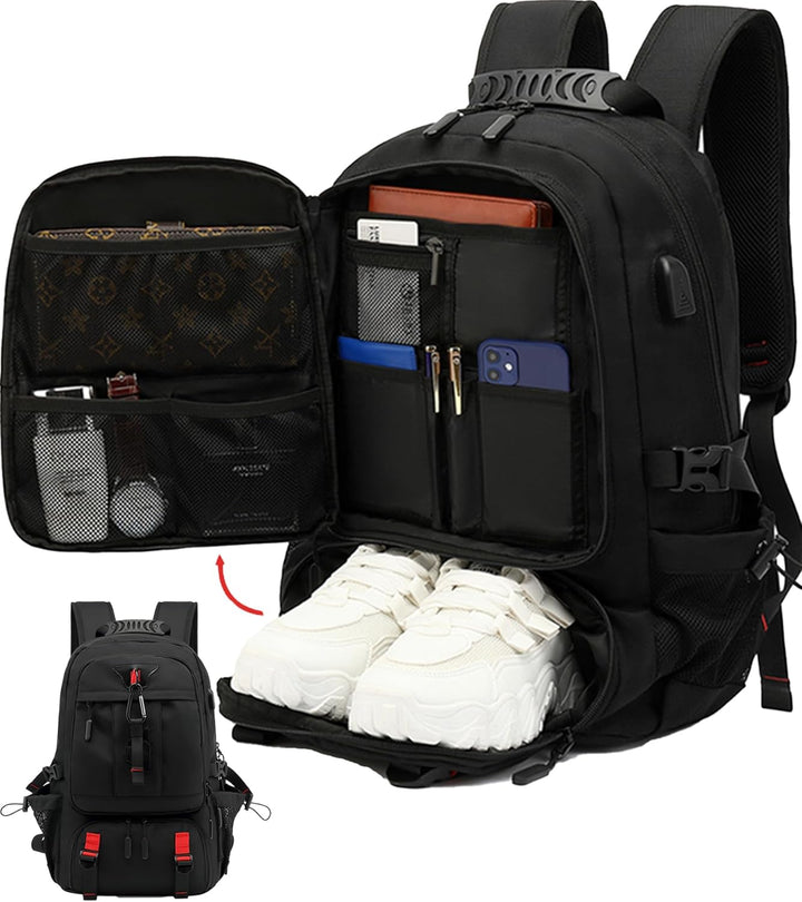 60L waterdichte reislaptoprugzak met USB-poort en schoenvak, ideaal voor reizen en dagelijks gebruik.