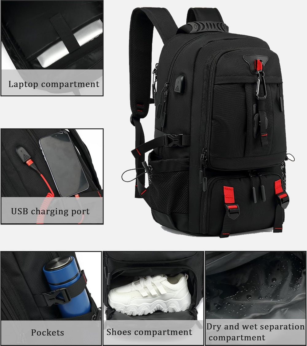 Zwarte 60L laptoprugzak, waterdicht, met externe USB-poort voor opladen en speciaal laptopvak.