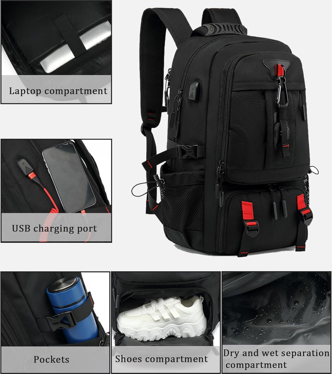 Zwarte 60L laptoprugzak, waterdicht, met externe USB-poort voor opladen en speciaal laptopvak.