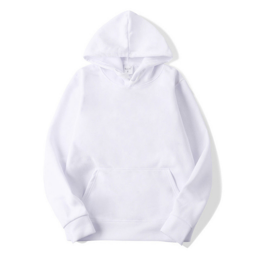 Witte heren hoodie, zijaanzicht met capuchon en buidelzak