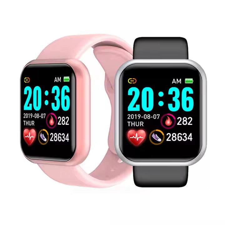 Gedetailleerde weergave van de FitLife gezondheidssmartwatch met hartslag- en bloeddrukmetingen.