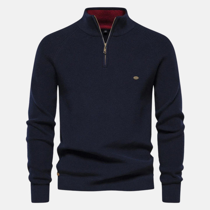 Stijlvolle heren half-zip sweater met ribgebreide mouwen, ideaal voor wintermode en comfort.