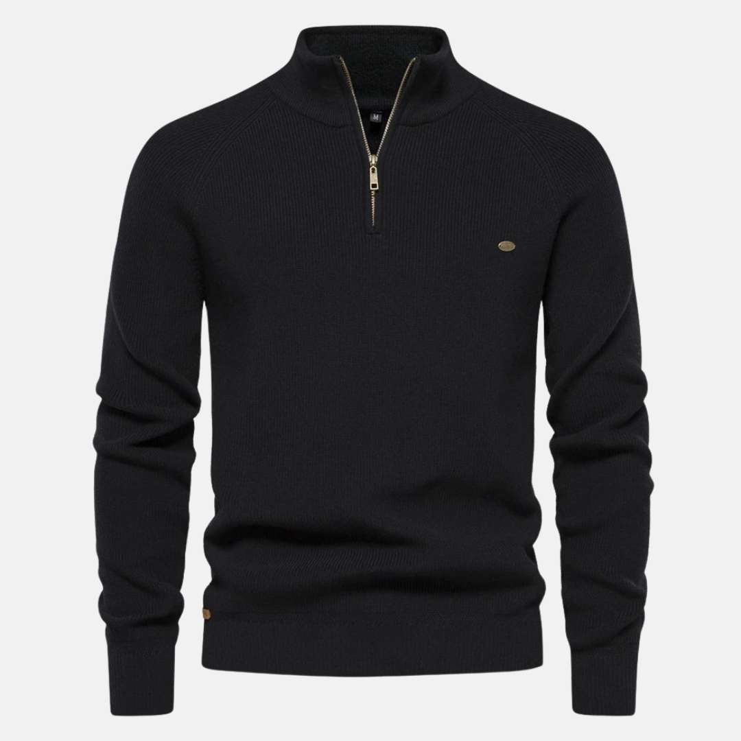 Man draagt stijlvolle heren half-zip sweater met ribgebreide mouwen, comfortabel en casual voor herfst.