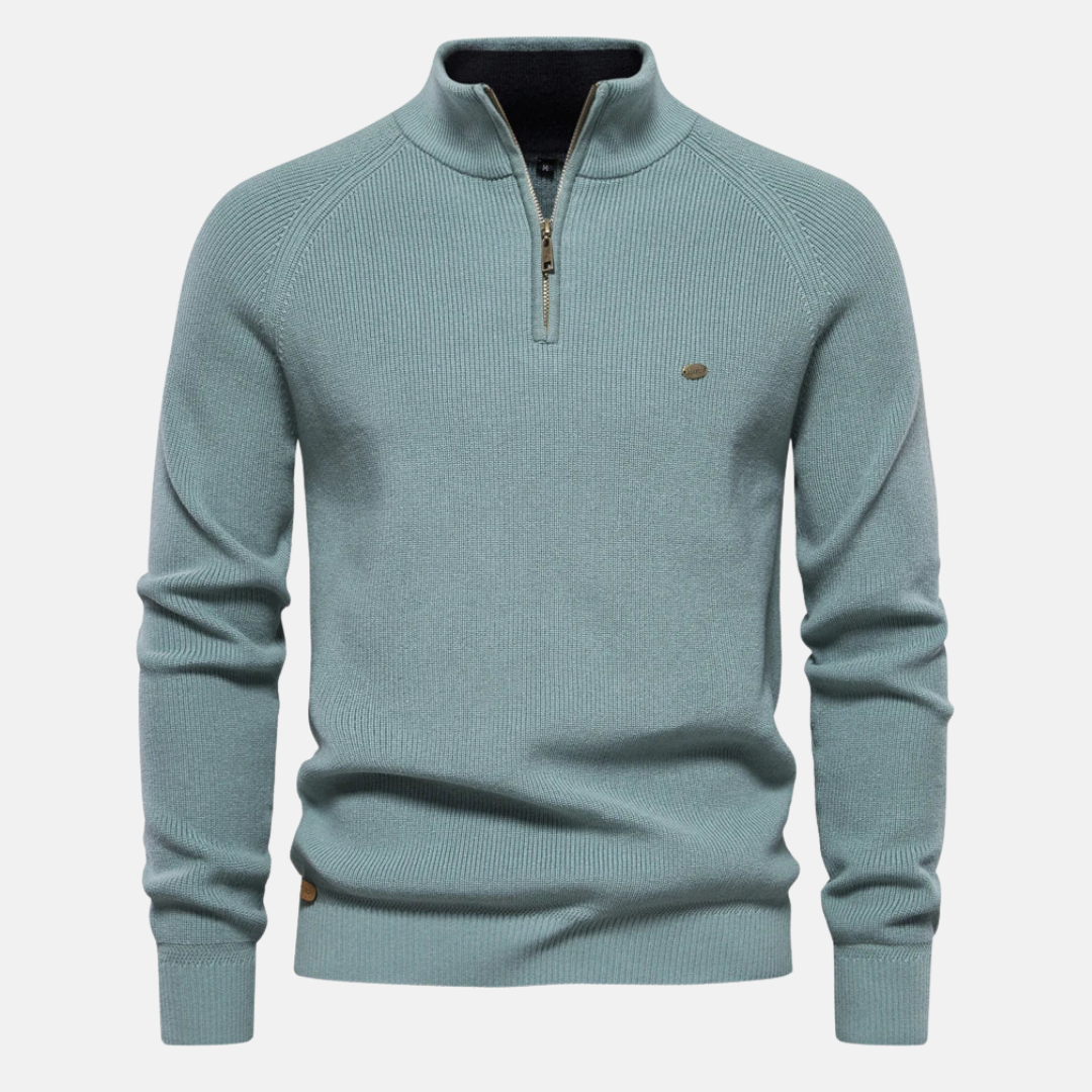 Warme heren half-zip sweater met ribgebreide mouwen, stijlvol en comfortabel voor koude dagen.
