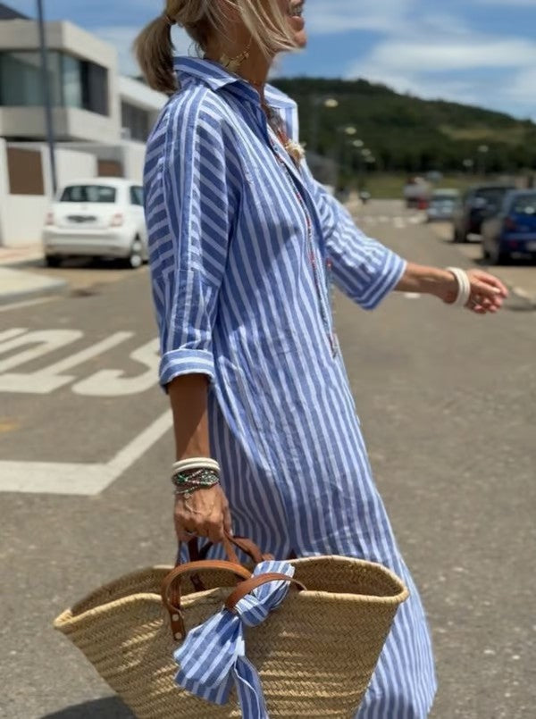 Vivienne polo midi zomerjurk voor dames, elegant en comfortabel, met doorknoopsluiting en 3/4 mouw.