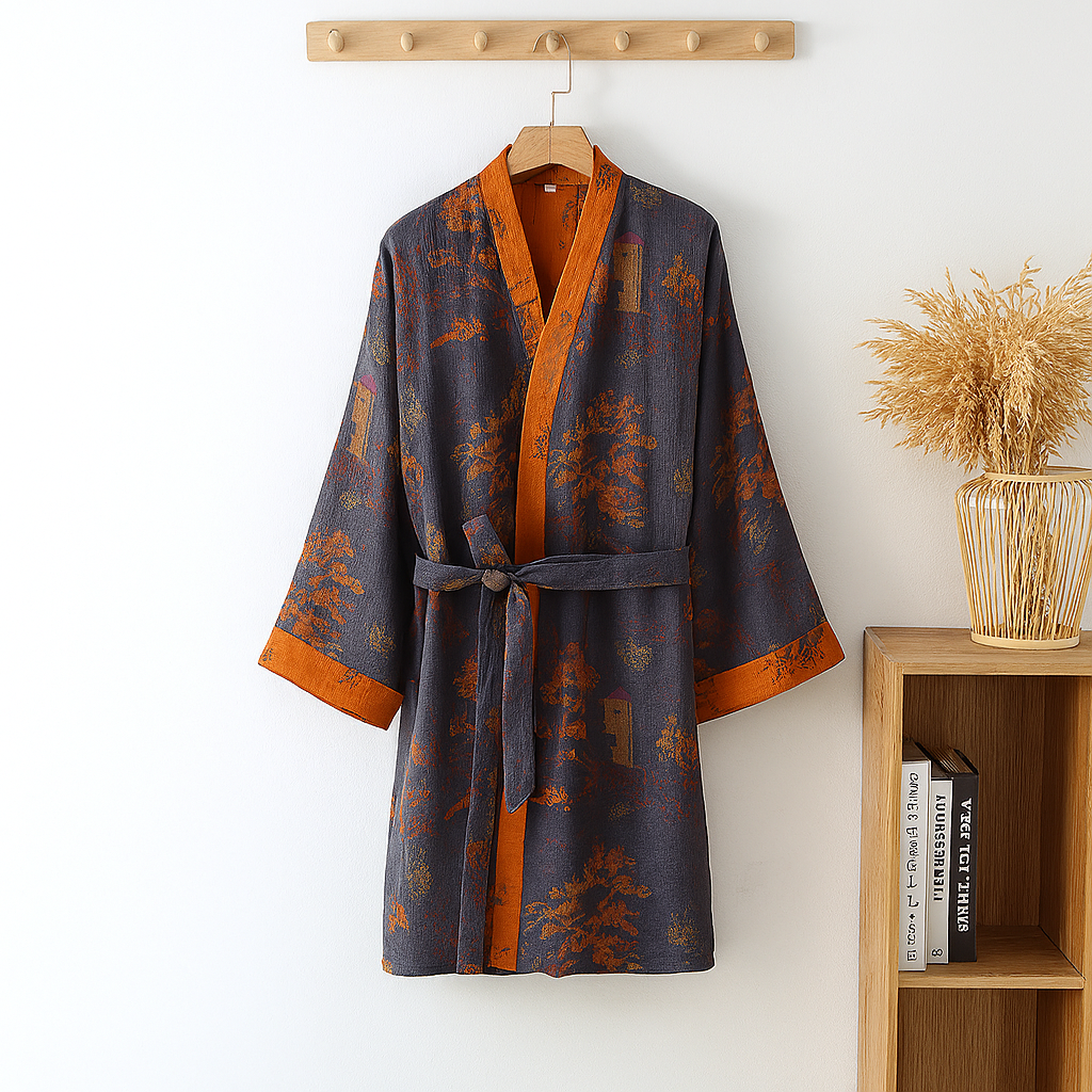 Ademende heren kimono badjas van katoen jacquard, ideaal voor lente/zomer loungen. Paars-oranje, v-hals.