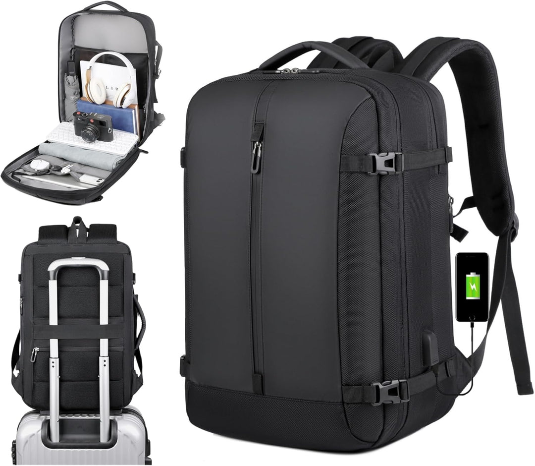 AirVoyage 40L uitbreidbare reisrugzak, waterdicht, met 17" laptopvak & USB-poort, ideaal voor reizen.