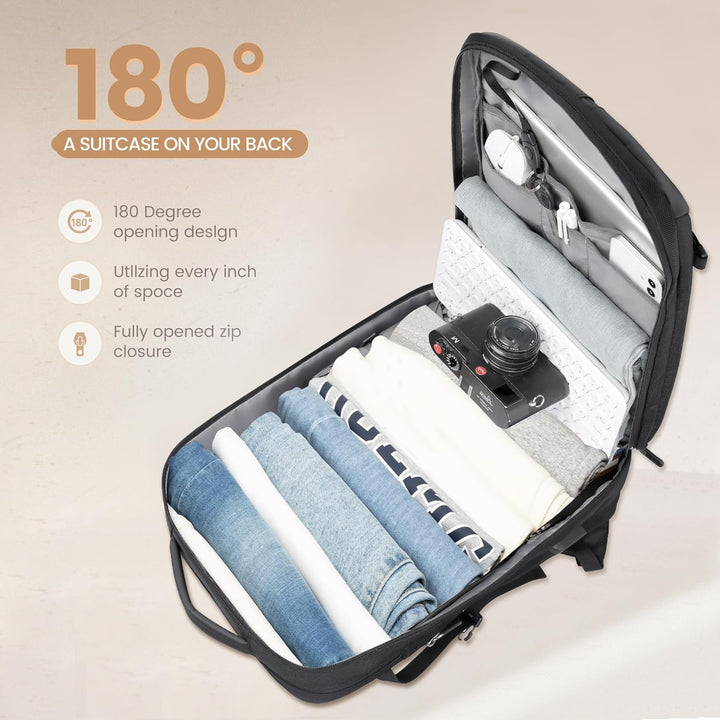 Georganiseerde AirVoyage 40L reisrugzak, waterdicht, uitbreidbaar, 17" laptopvak, perfecte handbagage.
