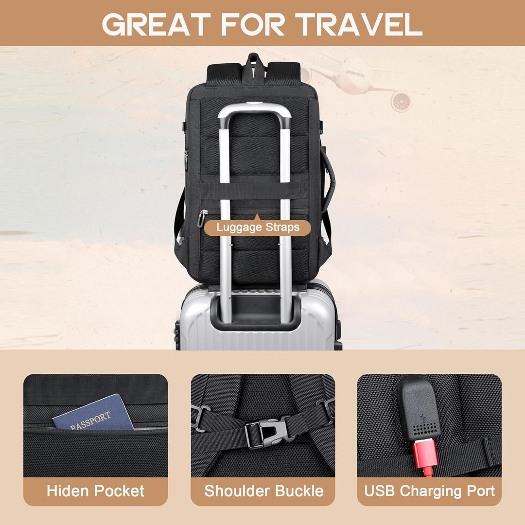 Uitbreidbare 40L waterdichte reisrugzak AirVoyage, met 17" laptopvak, USB en antidiefstal voor veiligheid.