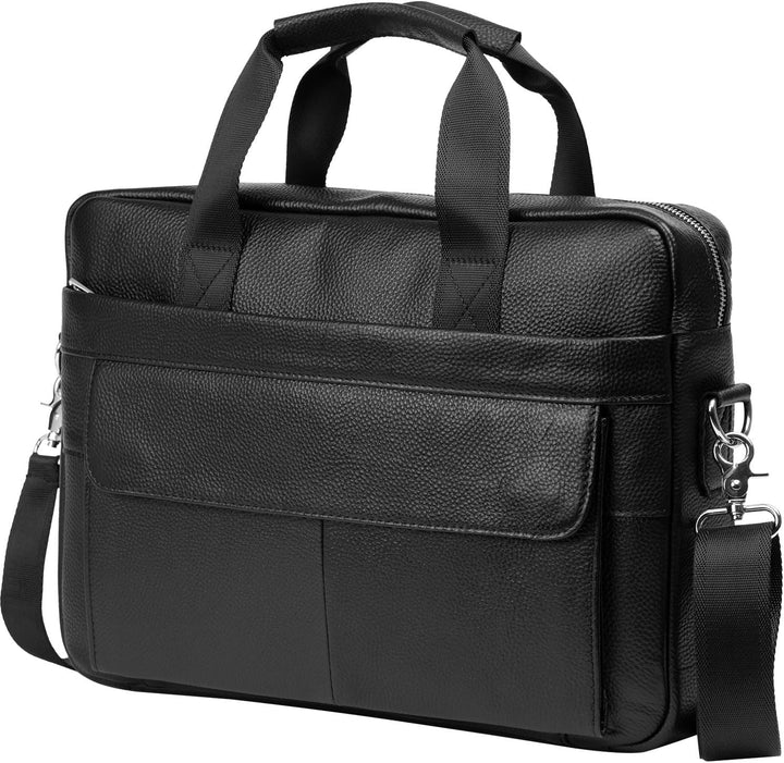 Zakelijke lederen aktetas met organizer vakken, perfect voor 15 inch laptop en documenten.