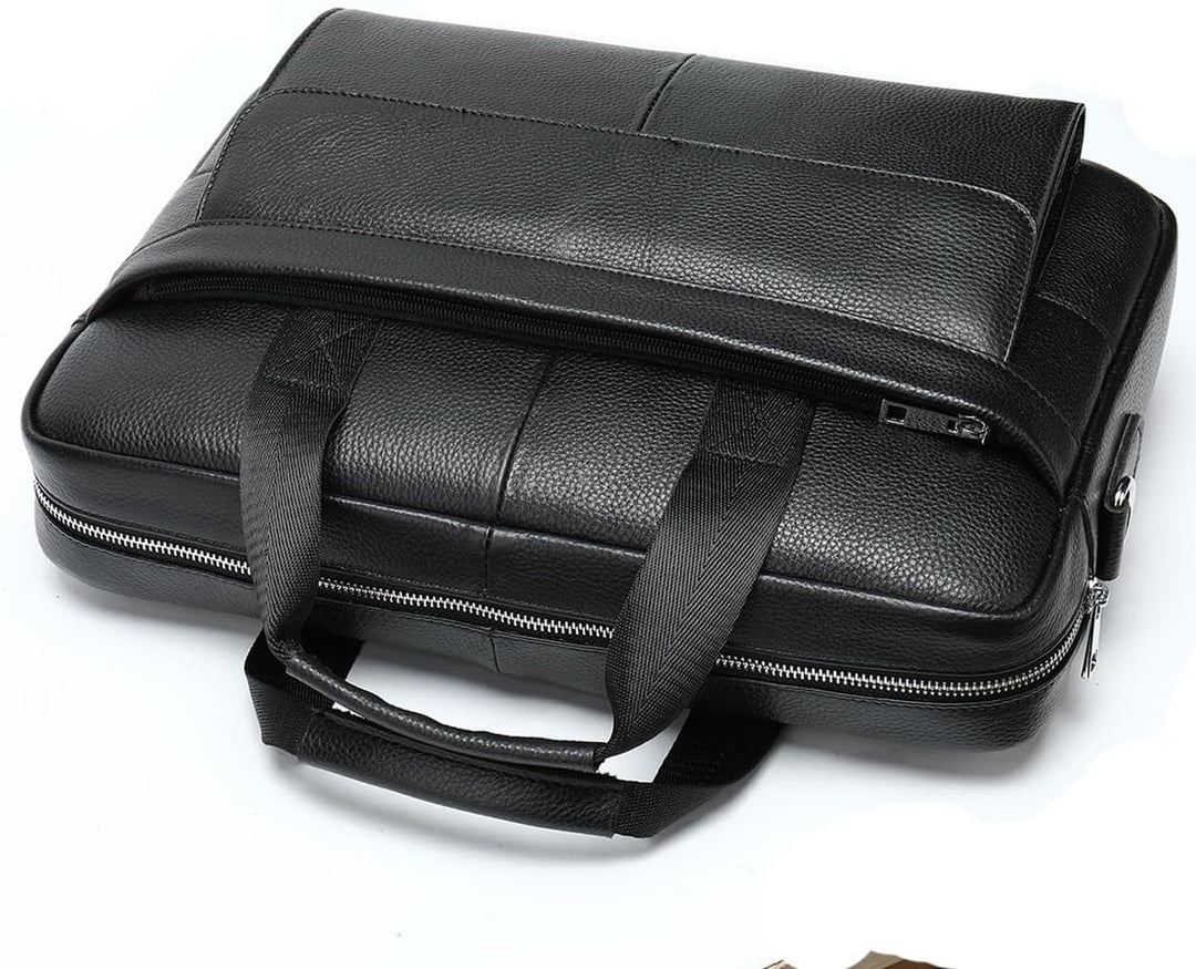 Stijlvolle unisex aktetas van echt koeienleer, perfect voor laptops tot 15 inch en accessoires.