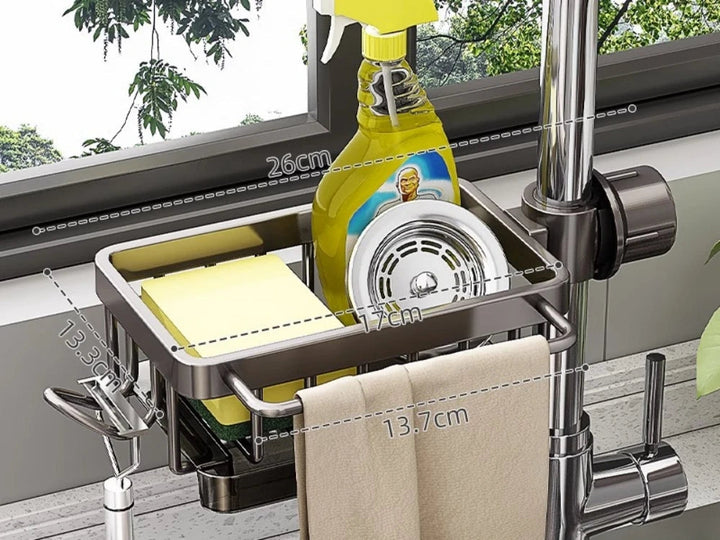 Compact afwasrek en sponzenhouder van aluminium, onmisbaar voor een efficiënte en opgeruimde afwasplek.