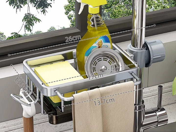 Verbeter je keuken met deze aluminium aanrechtorganizer; voorkomt rommel en vergemakkelijkt dagelijkse taken.
