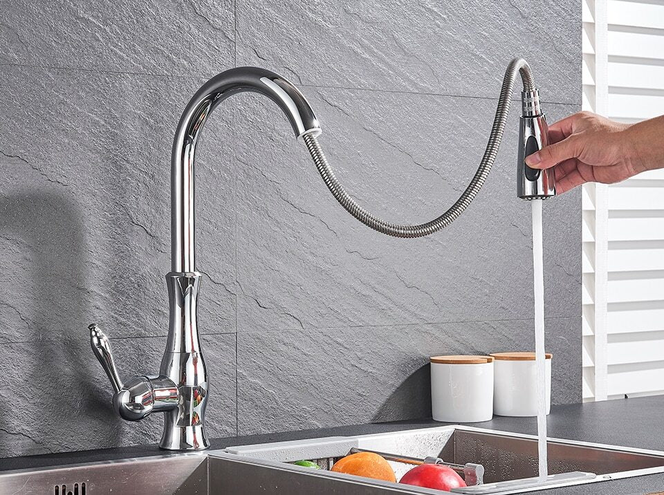 Anton keukenkraan in geborsteld nikkel, uittrekbaar, modern design, flexibel gebruik, voor stijlvolle keukens