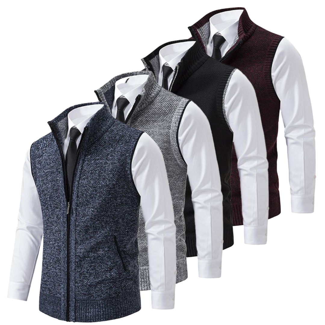 Mouwloos gebreid herenvest in blauw, grijs, rood en zwart, met rits, minimalistisch design, veelzijdig te dragen.