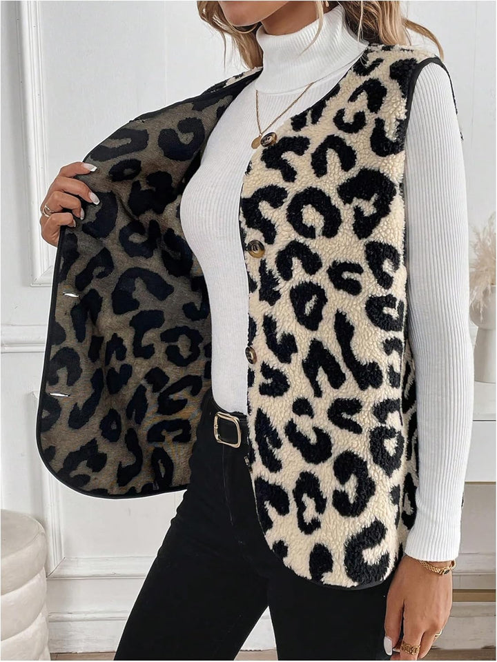 Dames mouwloos luipaardvest met V-hals in elegant design, ideaal voor vrouwen; licht en veelzijdig combineerbaar.