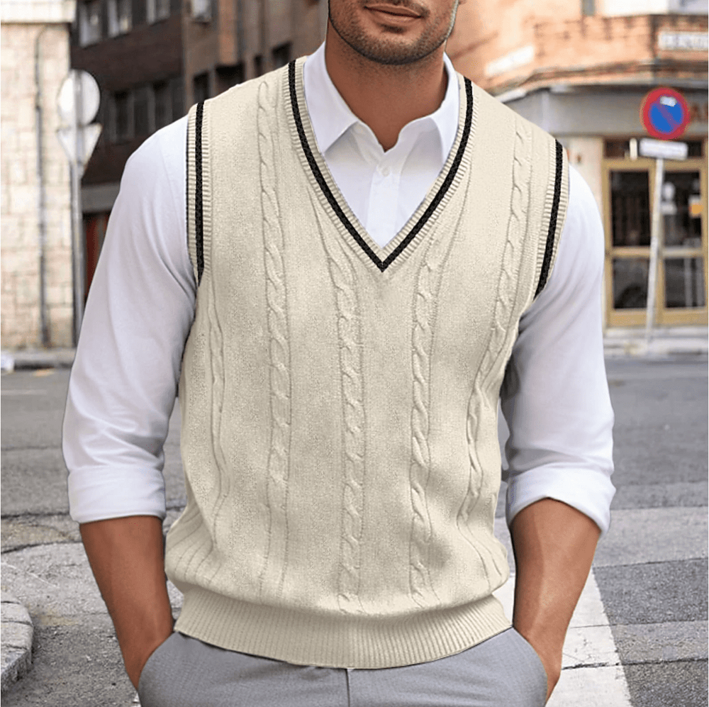 Mouwloze V-hals trui voor heren, tijdloos, elegant en veelzijdig in beige, blauw, donkerblauw, donkergrijs en lichtgrijs.