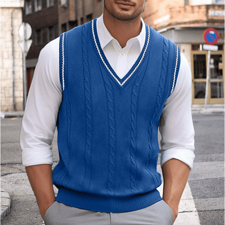 Mouwloze V-hals trui voor heren, tijdloos, elegant en veelzijdig in beige, blauw, donkerblauw, donkergrijs en lichtgrijs.