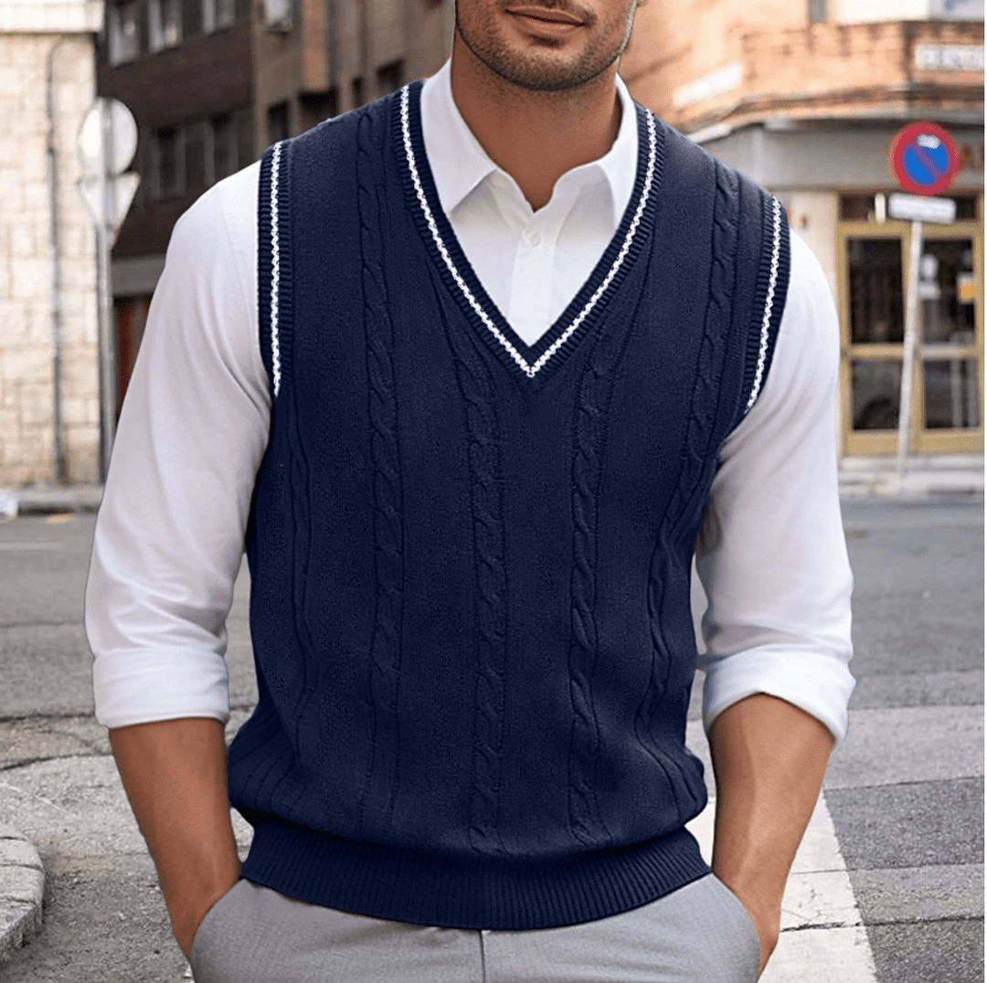 Mouwloze V-hals trui voor heren, tijdloos, elegant en veelzijdig in beige, blauw, donkerblauw, donkergrijs en lichtgrijs.