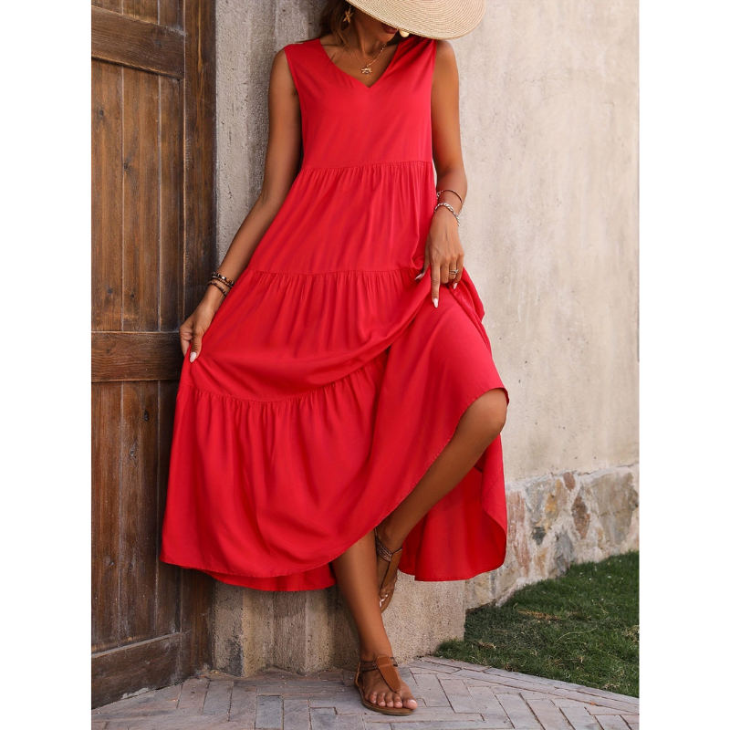 Mouwloze midi zomerjurk voor dames, elegant, licht, luchtig silhouet, ideaal voor warme dagen, veelzijdig, modieus.