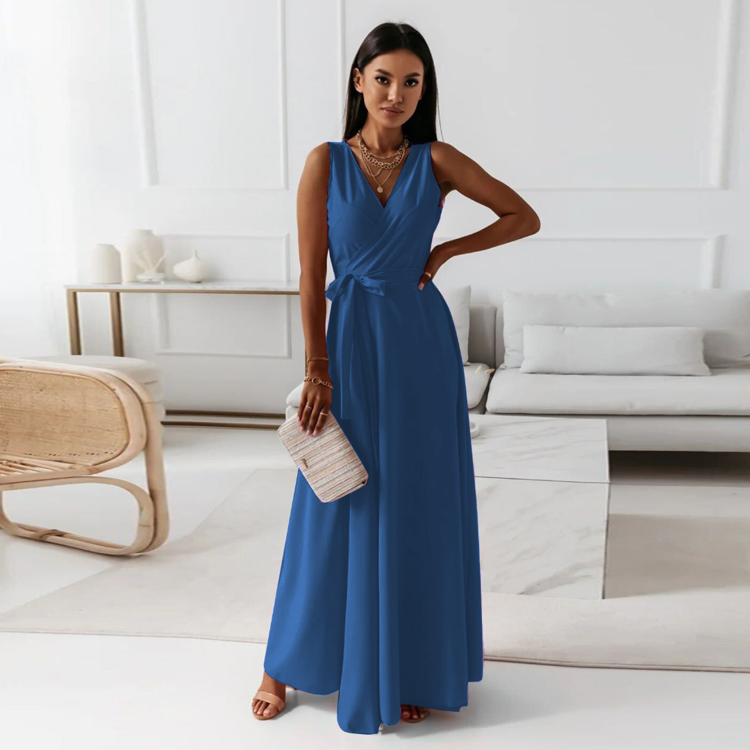 Dames maxi-wikkeljurk met V-hals, mouwloos en soepelvallende stof, perfect voor elke gelegenheid.