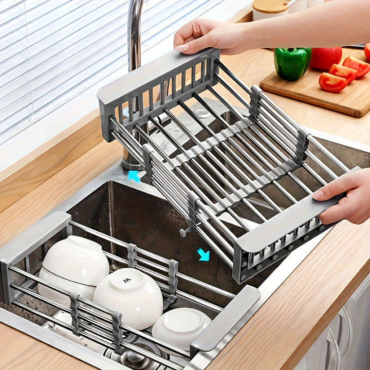 Uitschuifbaar afdruiprek boven een gootsteen, ruimtebesparend, voor vaat, fruit en groenten, ideaal voor keukenorganisatie