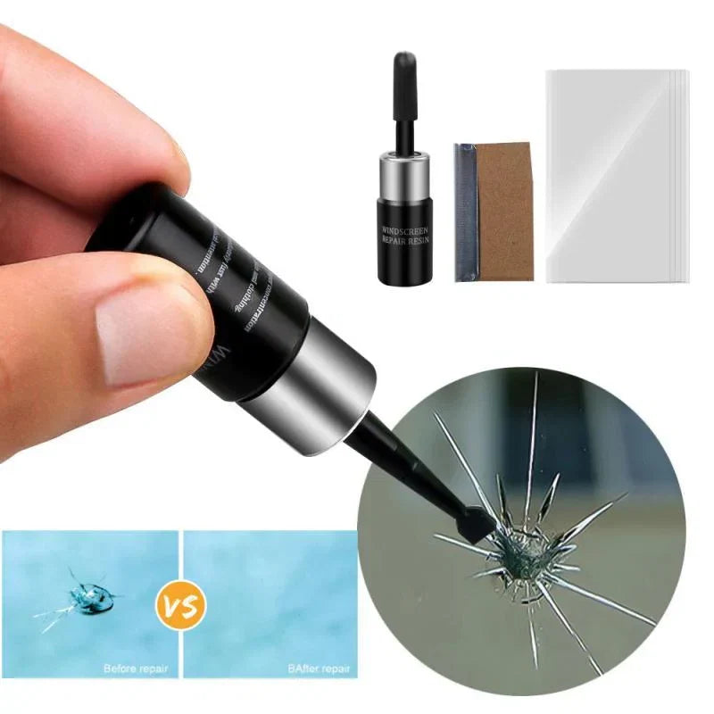 Auto glas reparatie kit voor doe-het-zelf herstel van sterbarsten en scheuren, met vloeistof en tools.