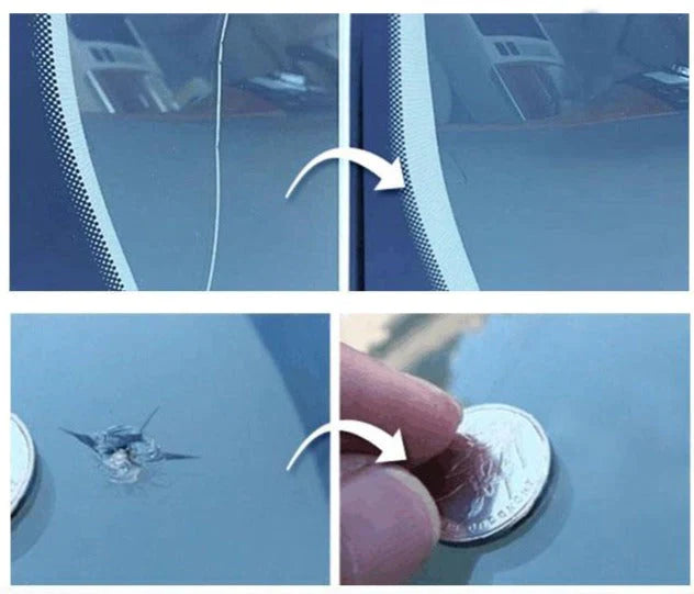 Onderdelen van de auto glas reparatie kit: hars, applicatie tool en uithardingsstrips voor ruit herstel.