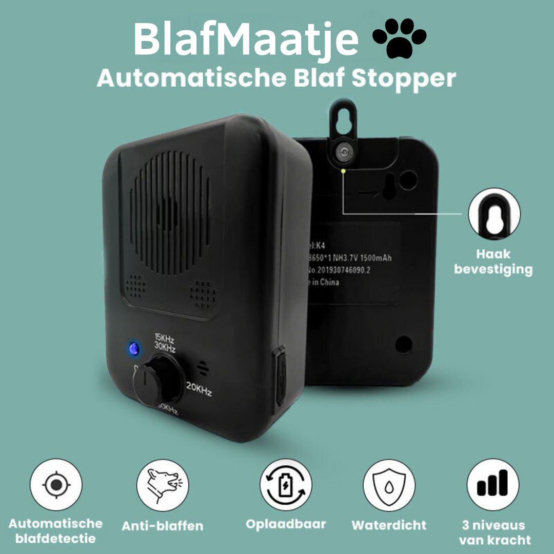 Geavanceerde automatische blafstopper voor honden met ultrasone technologie. Helpt overmatig geblaf te stoppen en verbetert het hondenleven.