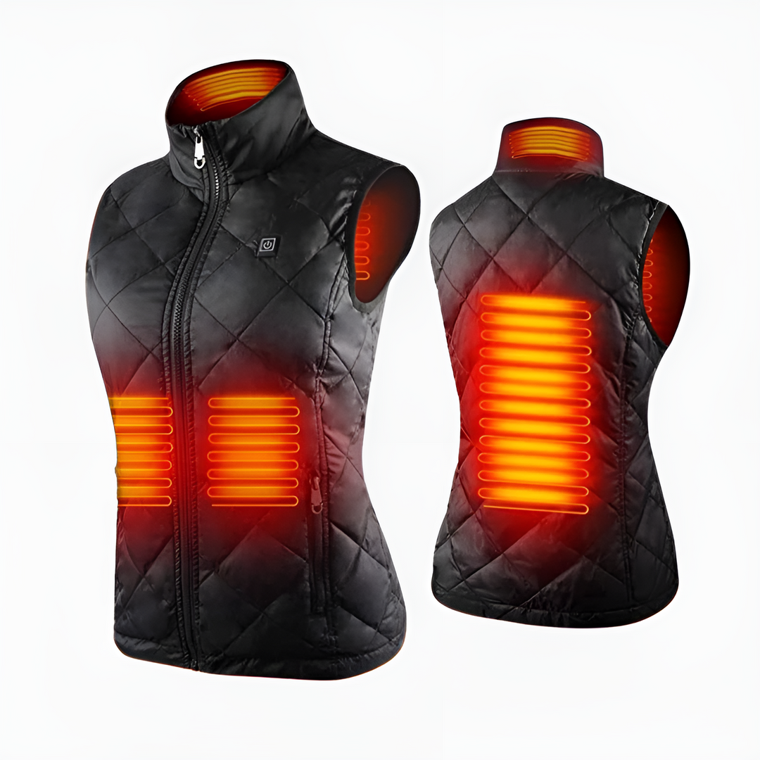 Verwarmd damesvest met 9 verwarmingszones, flexibel ontwerp, optimaal draagcomfort, werkt op batterijen, ideaal voor koude dagen.