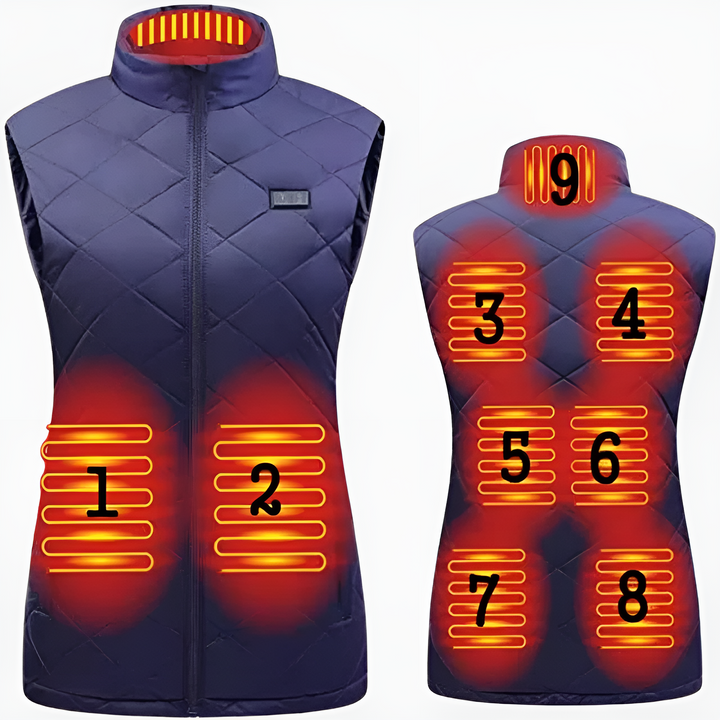 Verwarmd damesvest met 9 verwarmingszones, flexibel ontwerp, optimaal draagcomfort, werkt op batterijen, ideaal voor koude dagen.