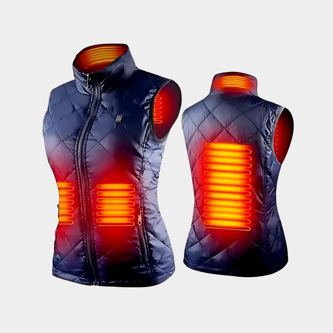 Verwarmd damesvest met 9 verwarmingszones, flexibel ontwerp, optimaal draagcomfort, werkt op batterijen, ideaal voor koude dagen.