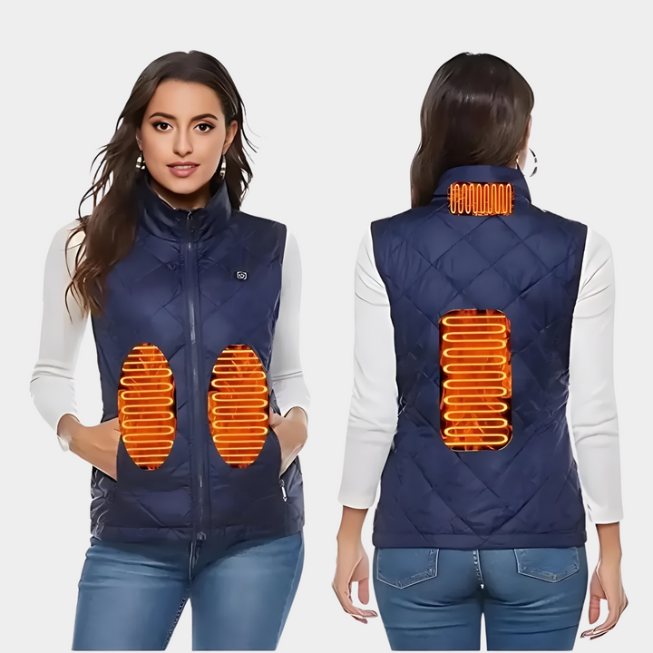 Verwarmd damesvest met 9 verwarmingszones, flexibel ontwerp, optimaal draagcomfort, werkt op batterijen, ideaal voor koude dagen.