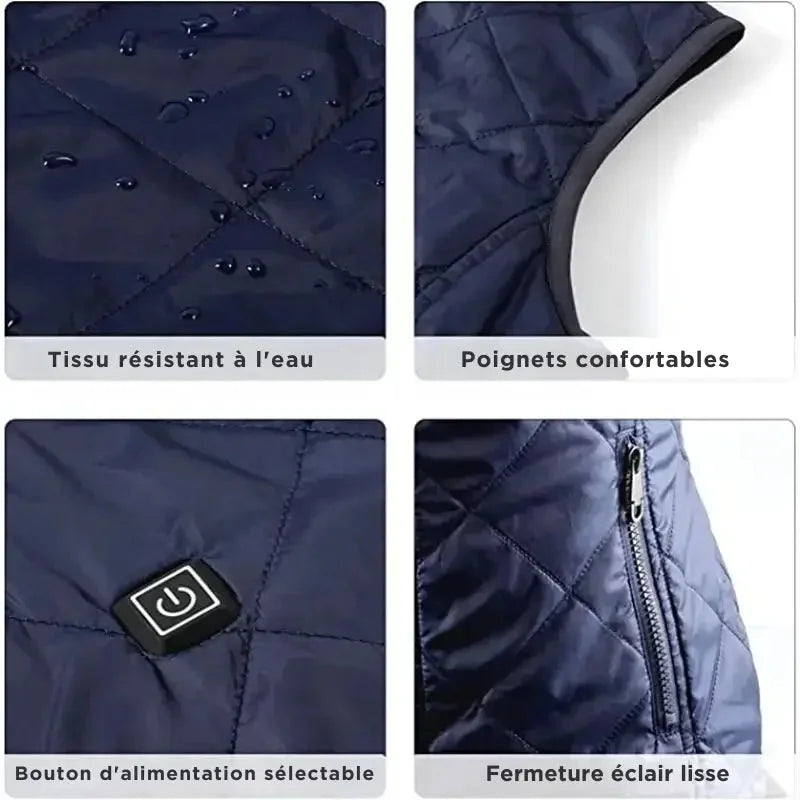 Verwarmd damesvest met 9 verwarmingszones, flexibel ontwerp, optimaal draagcomfort, werkt op batterijen, ideaal voor koude dagen.