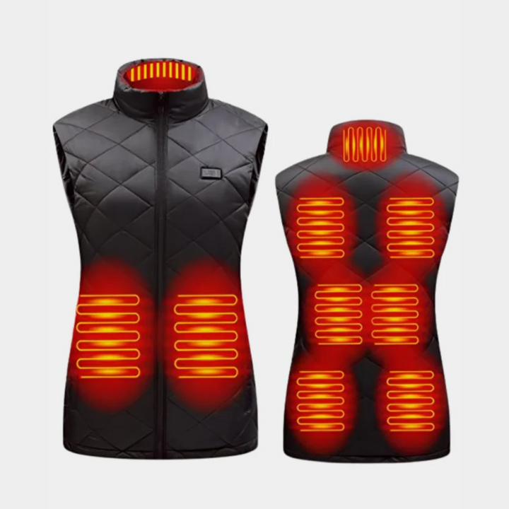 Verwarmd damesvest met 9 verwarmingszones, flexibel ontwerp, optimaal draagcomfort, werkt op batterijen, ideaal voor koude dagen.