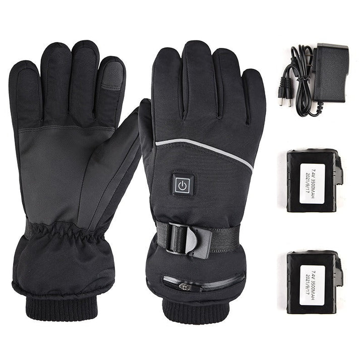 Detailopname van zwarte verwarmbare winterhandschoenen, met focus op de antislip handpalm en verstelbare sluiting voor een nauwsluitende pasvorm.