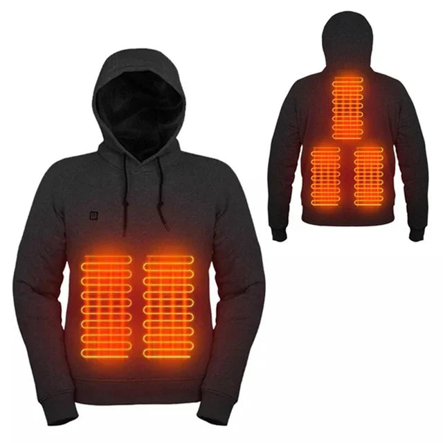 Unisex verwarmde hoodie voor directe warmte in grijs en zwart, ideaal voor buitenactiviteiten en koude dagen.