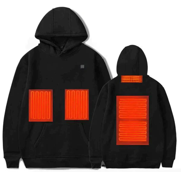 Unisex verwarmde hoodie voor directe warmte in grijs en zwart, ideaal voor buitenactiviteiten en koude dagen.
